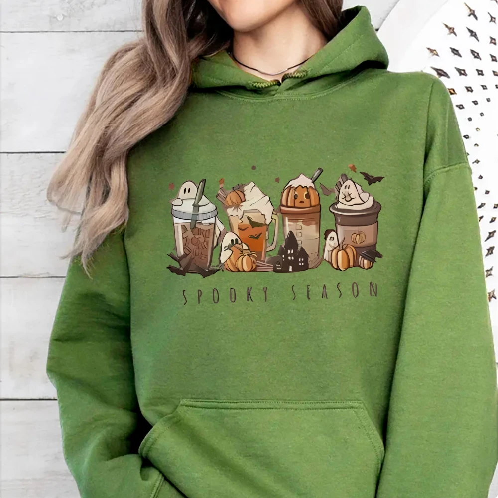 Spooky Season Women’s Halloween Autumn Winter Hoodie Pumpkin Ghost Ice Cream Drink Castle Halloween Vibe Female Chic Pullovers