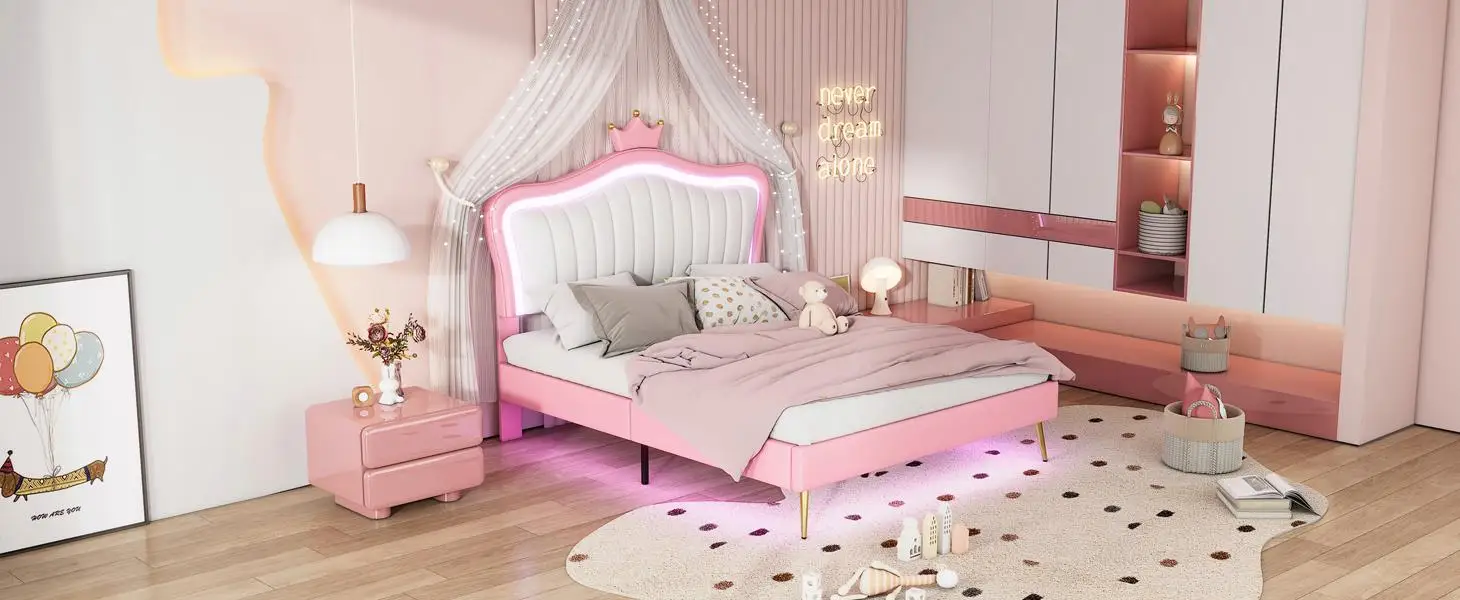 Estrutura de cama estofada moderna de tamanho completo com luzes e cabeceira de coroa - design branco e princesa