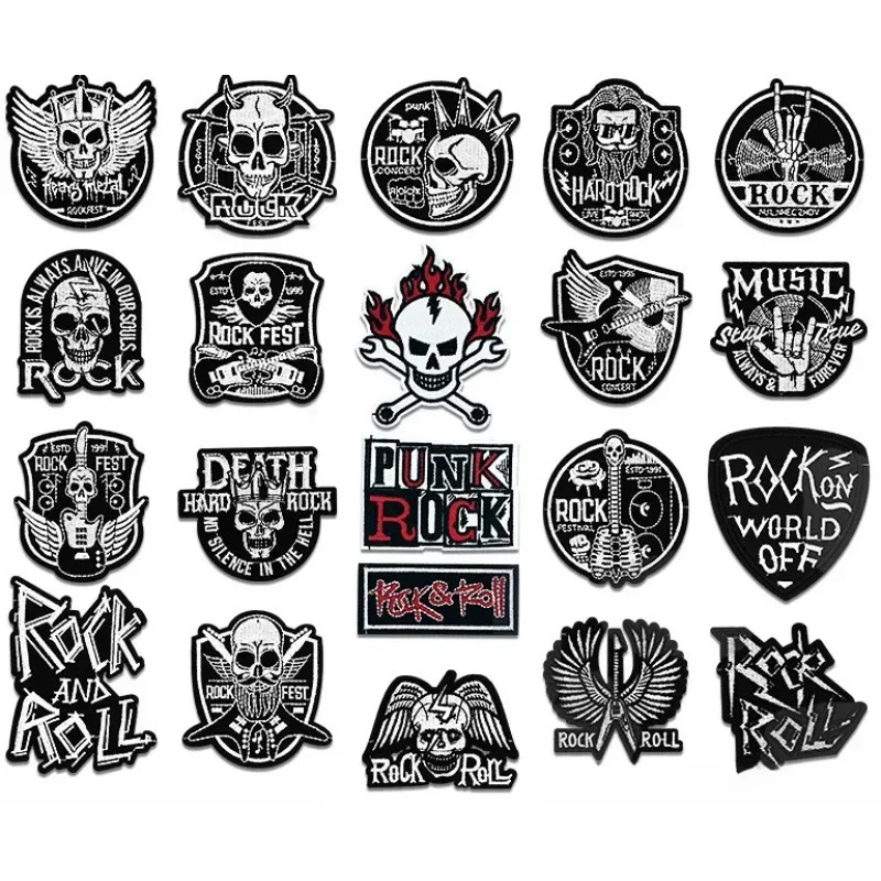 Hot-selling PUNK  Hard Rock Skull Music Adhesive-backed Rock Punk Style Skull Embroidery Cloth Patch Ironing Bag/cloth/hat