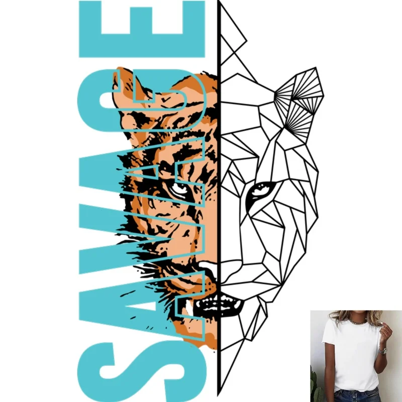 Savage Tiger Head Heat Transfer White Ink Iron - on Patch, Geometric Splicing Trendy Design, Suitable for T - shirts/Canvas