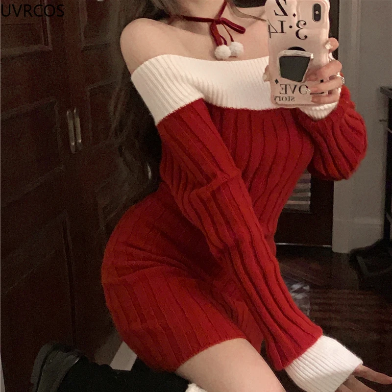 Sexy Red Christmas Dress Women Autumn Winter Korean Style Slash Neck Bodycon Knitted Dresses Female Elegant Y2k Party Mini Dress