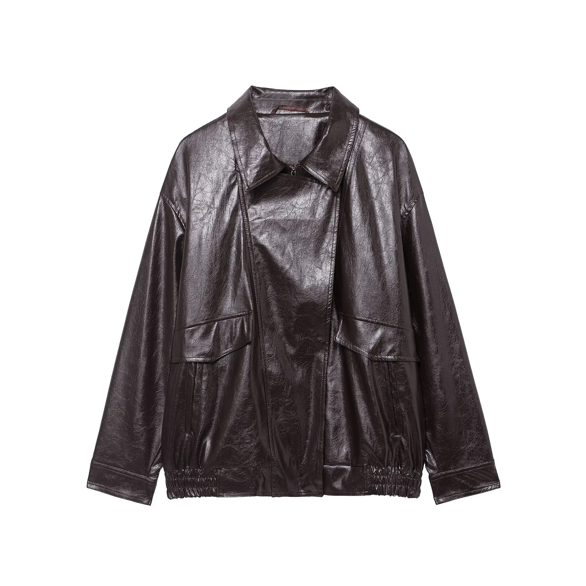 

KIDCRKJ 2026 Spring Women Leather Jacket Lapel Collar Big Pockets Loose Lady Motorcycle Outwear Instagram-Style Female Coat