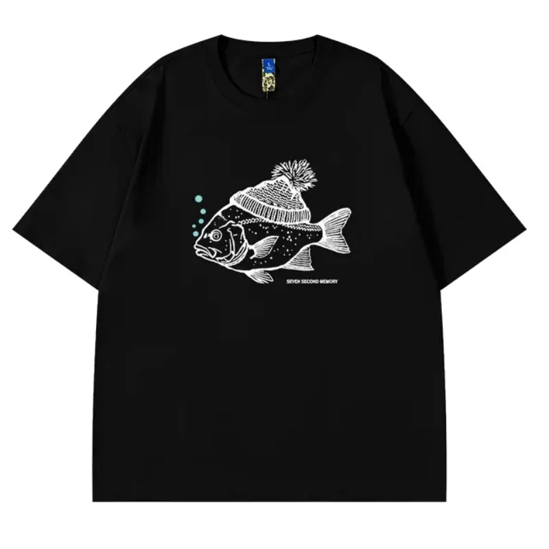 ZAZOMDE Retro Deep Sea Fish Flocked Print Cotton T-shirt Animal Pattern Round Neck Short-sleeved Tops For Men\'s Summer Tee