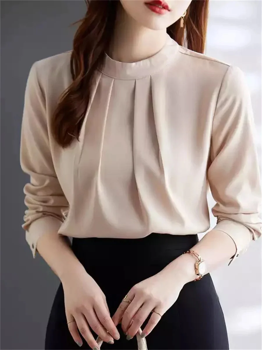 

Spring and Autumn style pleated shirt with women's western-style design, long sleeved satin professional versatile interview top