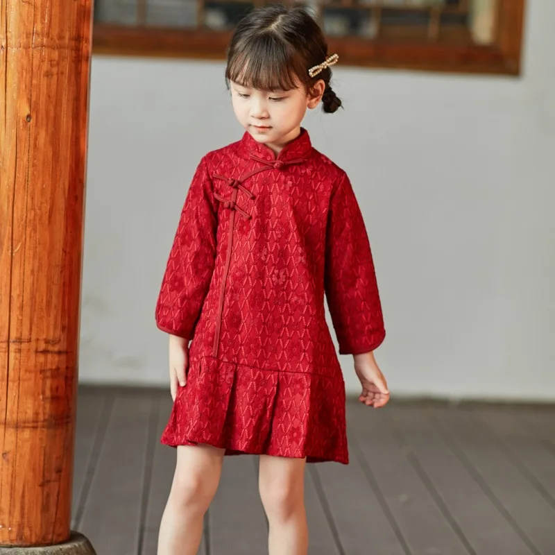 2021 vestido tradicional chinês para as meninas do vintage cheongsam crianças manga longa hanfu ano novo princesa roupa outono vermelho