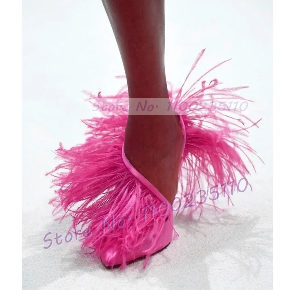 

Flowing Ostrich Feather Silk Sandals Women Trendy Pointed Toe Stiletto Hollow Out Shoes Elegant Stylish Female Party Sandals