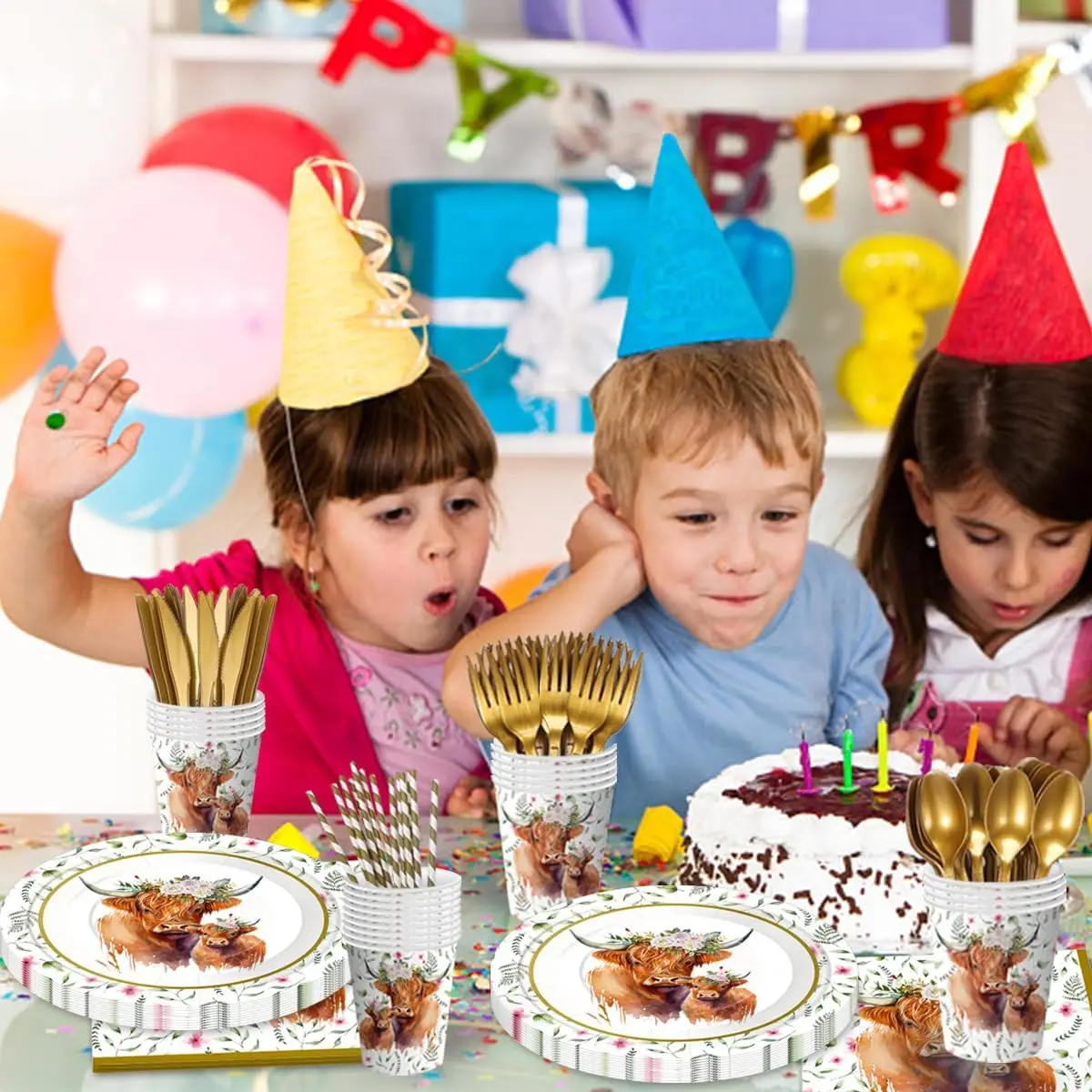 Farm Animals Party Tableware Set, Plates, Straws, Cups, Napkins, Highland Cow Print, Birthday Decorations