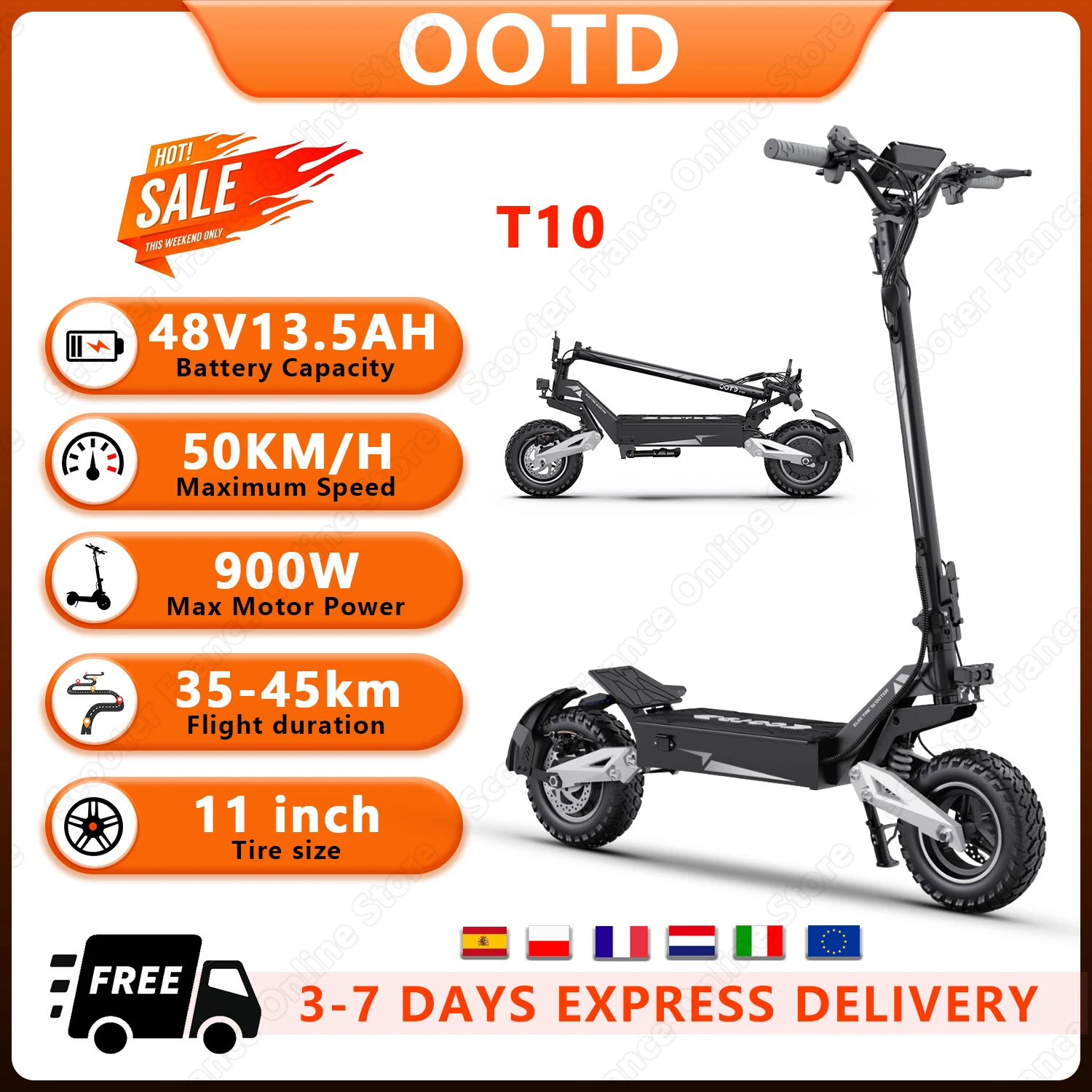 T10 E-Scooter portatile 900W Potenza di picco 48V13.5Ah Batteria Display a LED a grande schermo Scooter elettrico Scooter per pneumatici da 11 pollici Elettrico