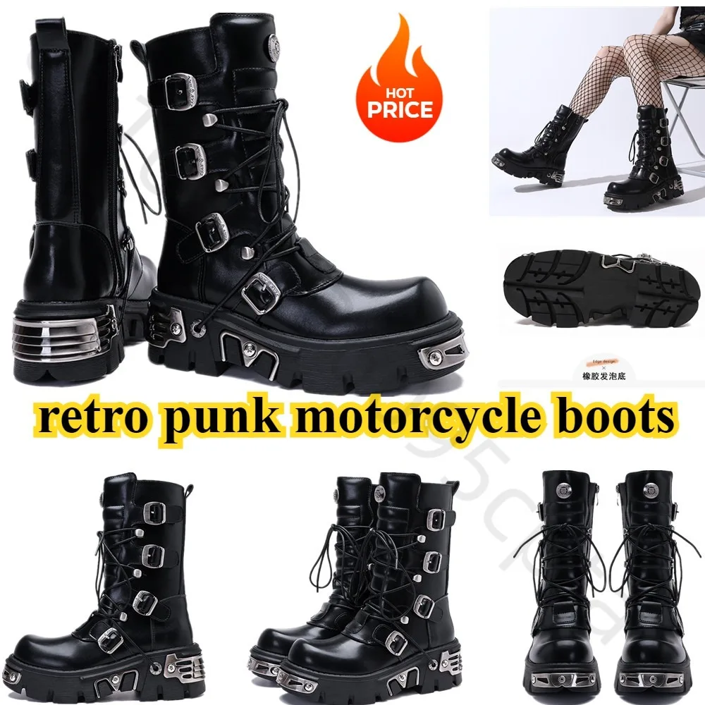 Retro High Boots for Men's and Women's Metal Motorcycle Boots Workwear Rock Thick Soled Boots Motorbike Racing Shoes