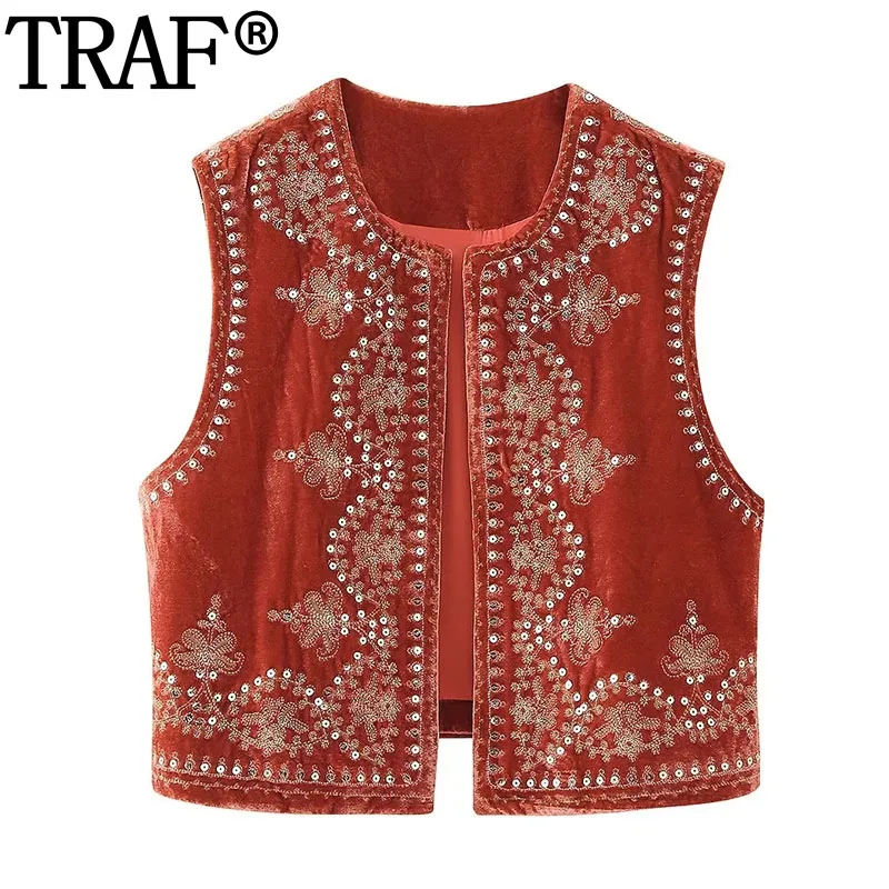 

TRAF Women's Vest 2023 Velvet Embroidered Vests Woman Autumn Sleeveless Vests For Women Sequin Cardigan Short Jacket Waistcoat