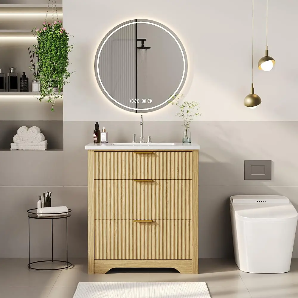 

30" Fluted Bathroom Vanity with Sink, Farmhouse Freestanding Bathroom Sink Cabinet with 2 Drawers & 1 Flip-Down, Customized