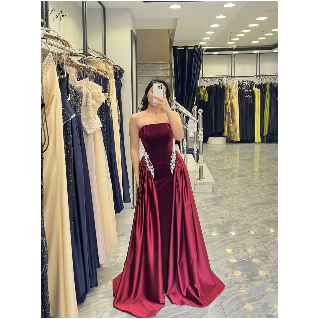 

Мила бордовый без бретелек атласные боковые платья со стразами по индивидуальному заказу платья для выпускного вечера со шлейфом макси-юбка торжественное вечернее элегантное платье de gala