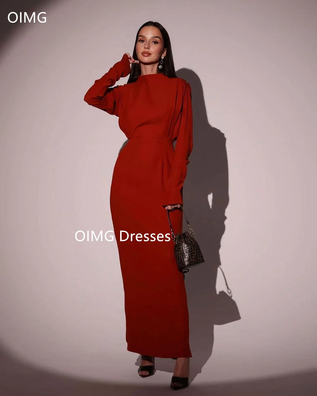 

OIMG Fashion Saudi Mermaid Crepe Satin Vintage Prom Dresses Side Slit Long Sleeves Elegant Red Evening Gowns Formal Party Dress