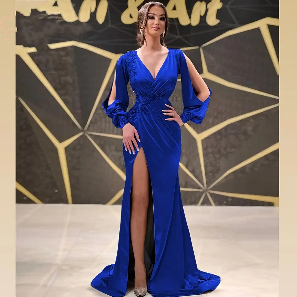 Abito da sera da donna sexy a sirena blu royal 2026 maniche lunghe con scollo a V spacco laterale in raso con applicazioni di pizzo abiti da ballo formali