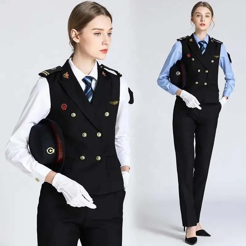 Chinese Luxury Bus High-Speed Railway Office Vest Formal Double Breasted Vest Business Ladies Waistcoat Blouse Pants Suit Women