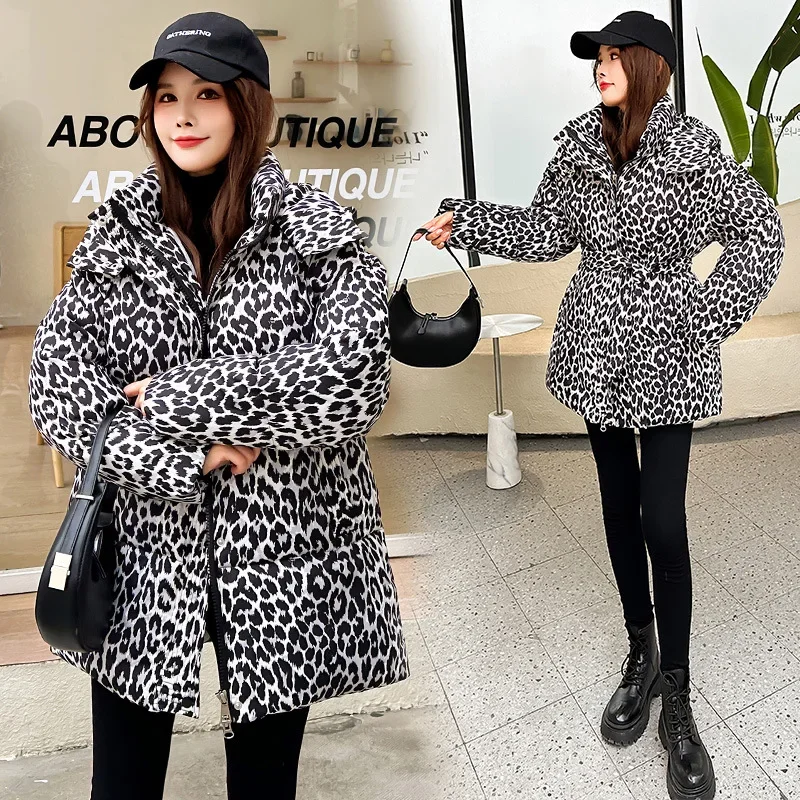 Fashion New Women\'s Clothing 2024 Winter Leopard Print Down Cotton Jacket Thickened Loose Cotton Jacket for Women