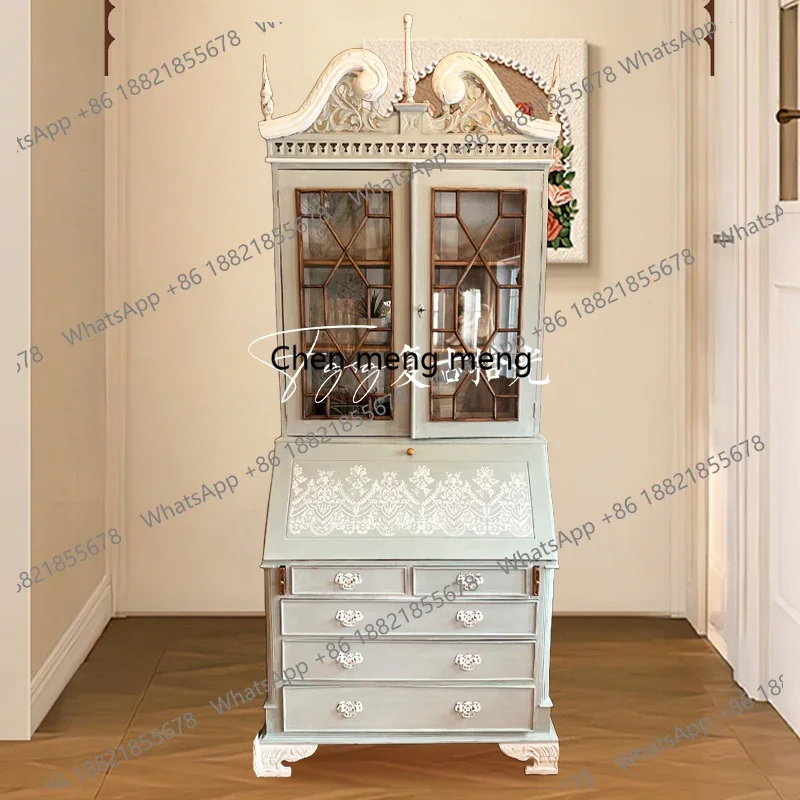 

French retro solid wood upper and lower combination bookcase European pastoral glass door bookshelf porch hand-painted locker