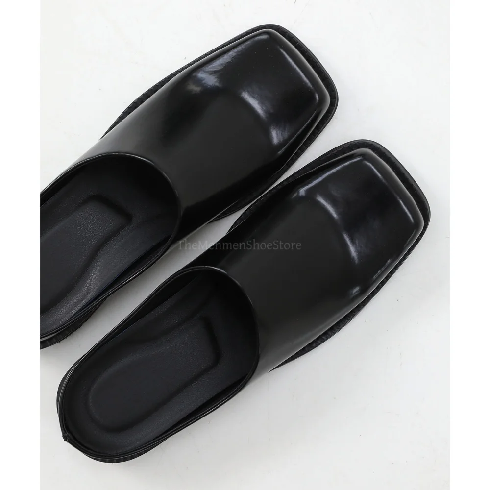 Men's Sqaure Cover Toe Leather Slippers for Outside Trendy Casual Mueller Shoes Low Thick Heels Male Half Shoes