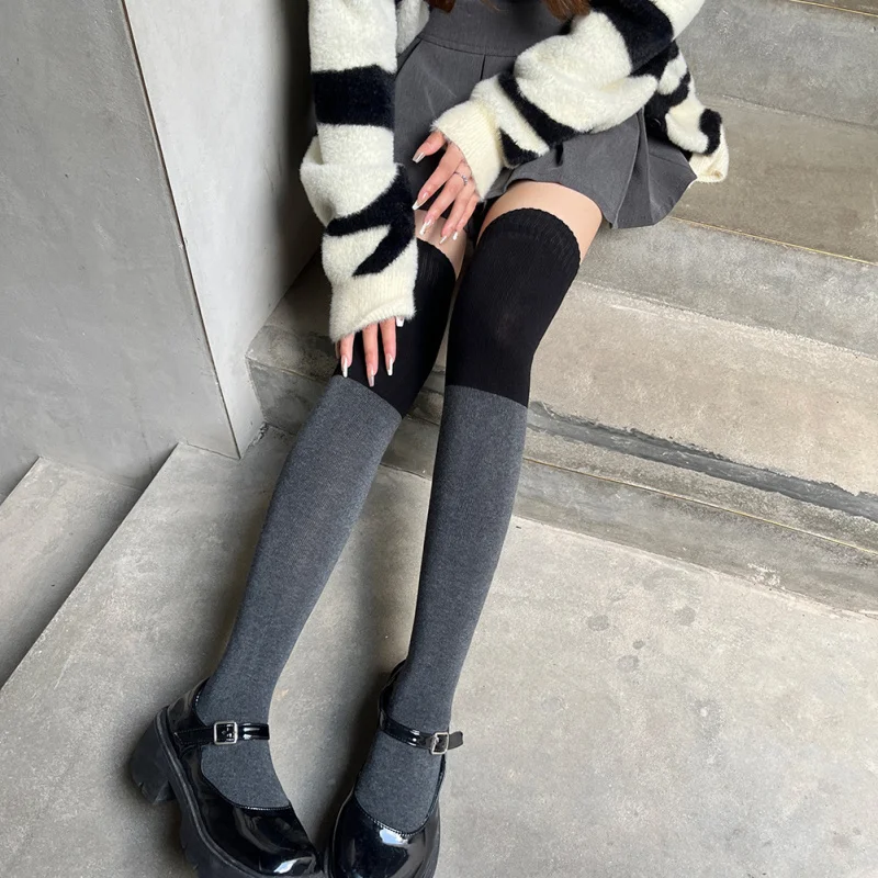 

Autumn Winter Thickened Warm Brushed Cotton Black Gray Spliced High Tube Over-the-Knee Socks Long Tube Personality Trendy Socks