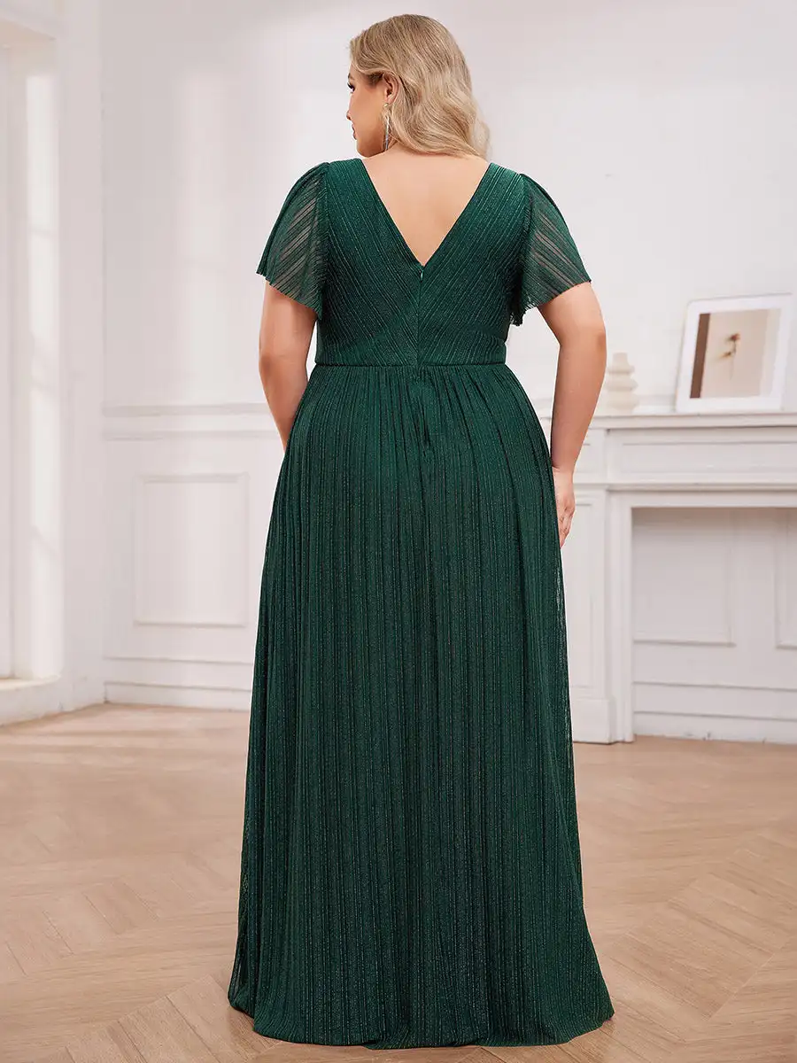 Plus Size Evening Dresses See-Through Deep V Neck Short Ruffles Sleeves 2024 Ever Pretty of Sequin Dark Green Bridesmaid Dress