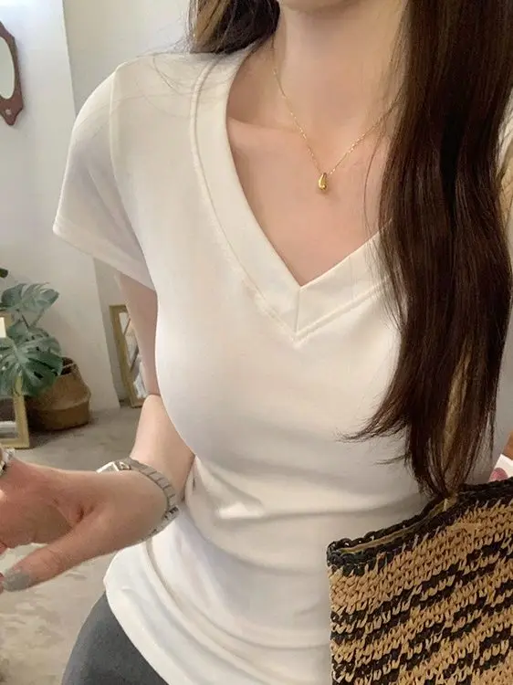 American Sle Hot Girl T-shirt blanc femme hiver basique cinquant la taille ort Sve v-ne Base irt coton coupe régulière