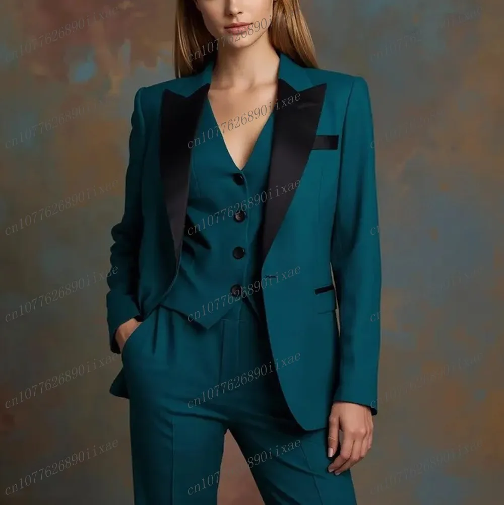 

Темно-синие женские костюмы с черным воротником, женские деловые офисные смокинги для мамы, свадебной вечеринки, формальный женский комплект из трех предметов, куртка, жилет, брюки
