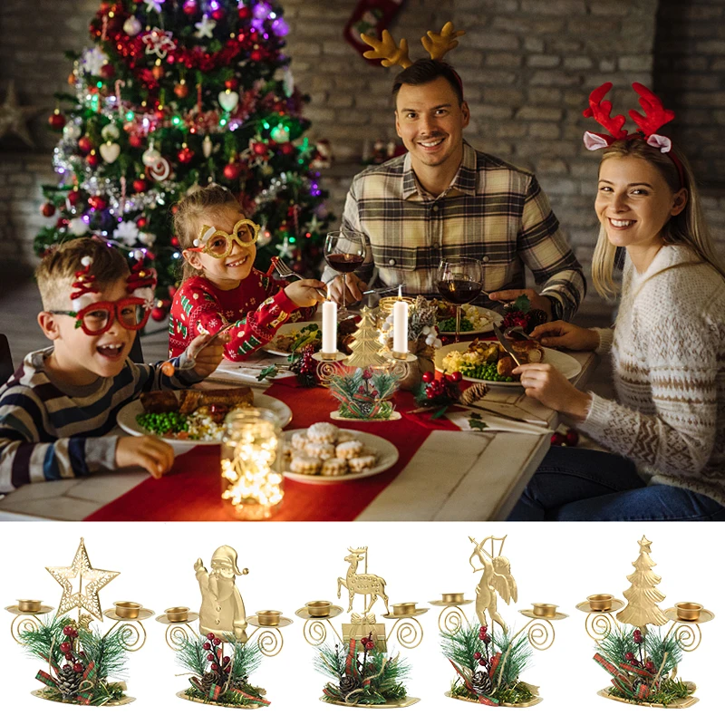 Navidad Noel Christmas Decoration New Year Candle Holder Metal Christmas Tree Candlestick Santa Berry Ornament Xmas Table Decor