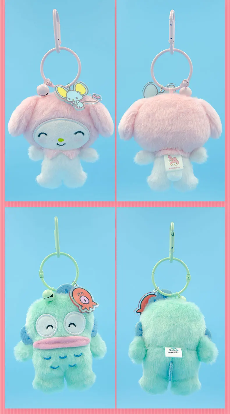 Original Sanrio lizenzierter Plüsch-Schlüsselanhänger aus der Bell-Serie, niedlicher Cartoon-Charakter-Anhänger mit Acryl-Tag, weicher, flauschiger Rucksack-Charm. – Detail 7