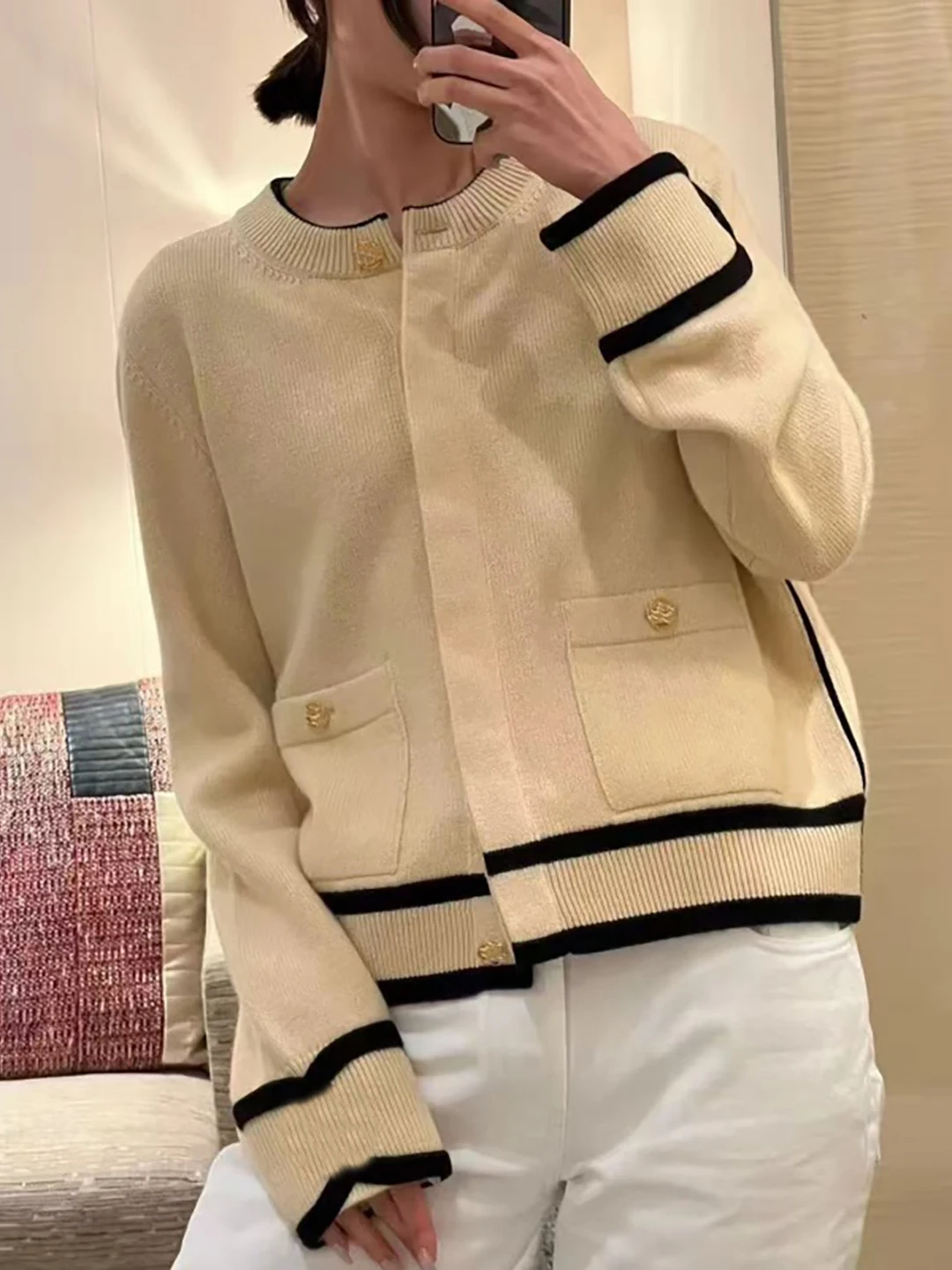 2026 New Style Color Block Knitted Open Cardigan Women's Long Sleeve round Neck Button Luxury Elegant Outerwear
