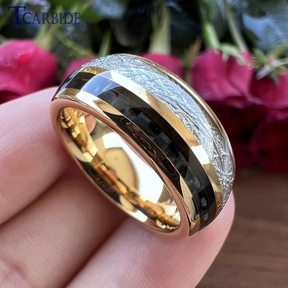 8MM Men Women Tungsten Wedding Band With White Meteorite And Black Carbon Fiber Inlay Trendy Gift Jewelry Comfort Fit