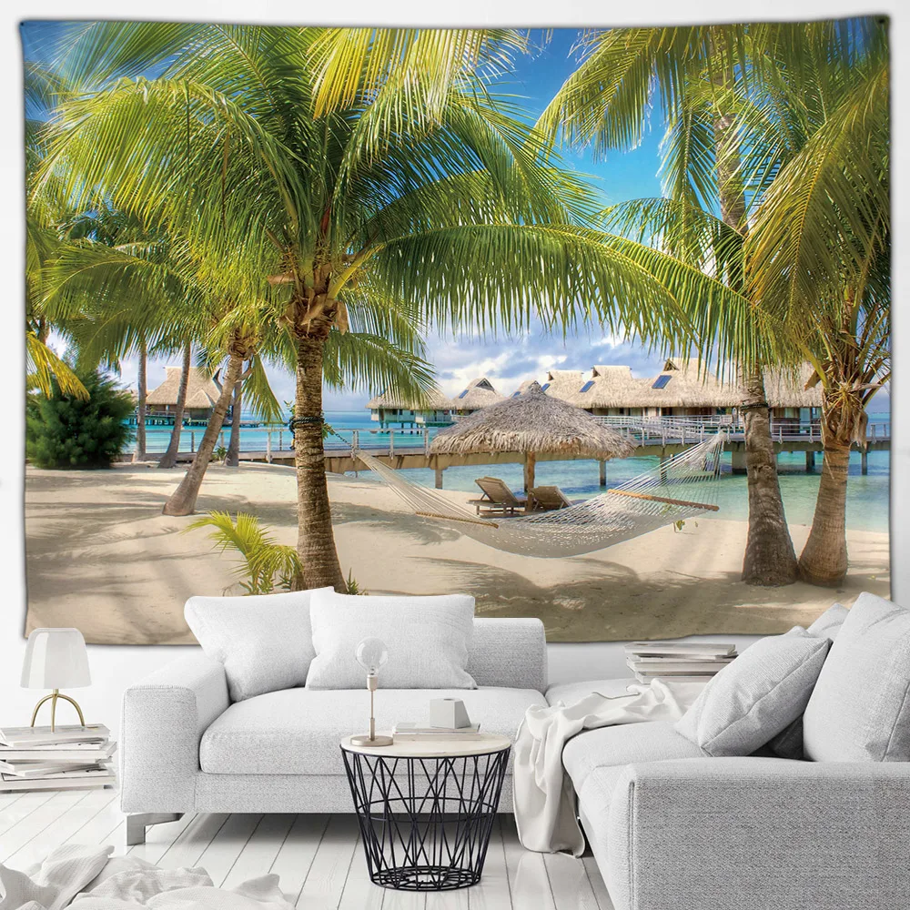 Seaside Beach Tapestry Island Coconut Tree Sunbed Hawaii Ocean Landscape Fabric Home Living Room Garden Decoration Wall Hanging