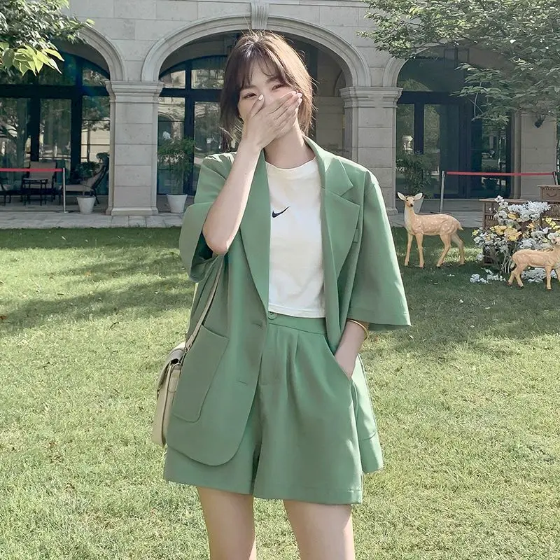 Women Summer Korean Blazer Set Casual Fashion Temperament Goddess Style Professional Suit Shorts Womens Two Piece Jacket Sets