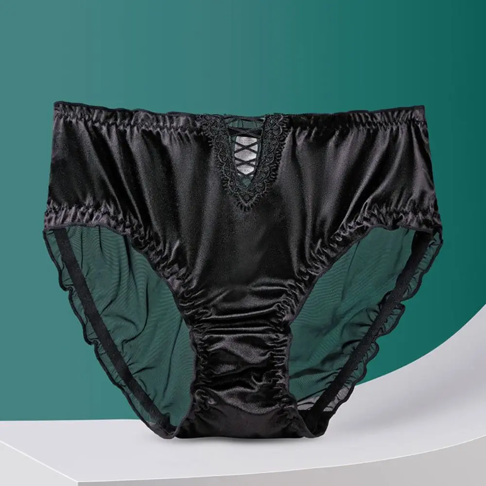 Celana Dalam Wanita Bahan Sutra Es Satin Model Ruffle Berongga Pinggang Sedang Gaya Prancis Bagian Crotch Katun
