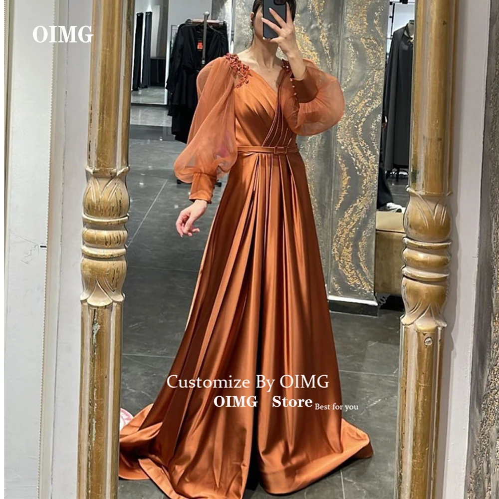 

OIMG Modest Vintage Burnt Satin Evening Dresses V Neck Puff Long Sleeves Applique Arabic Dubai Women Formal Prom Gowns Plus Size