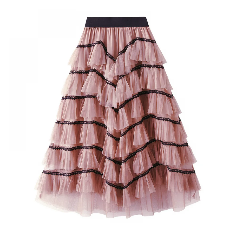 Women Long Sheer Tutu Skirt Tulle Mesh Layered Midi Skirt Holiday Multi Layer Dance Skirt Solid Cake Loose Halloween Party Skirt