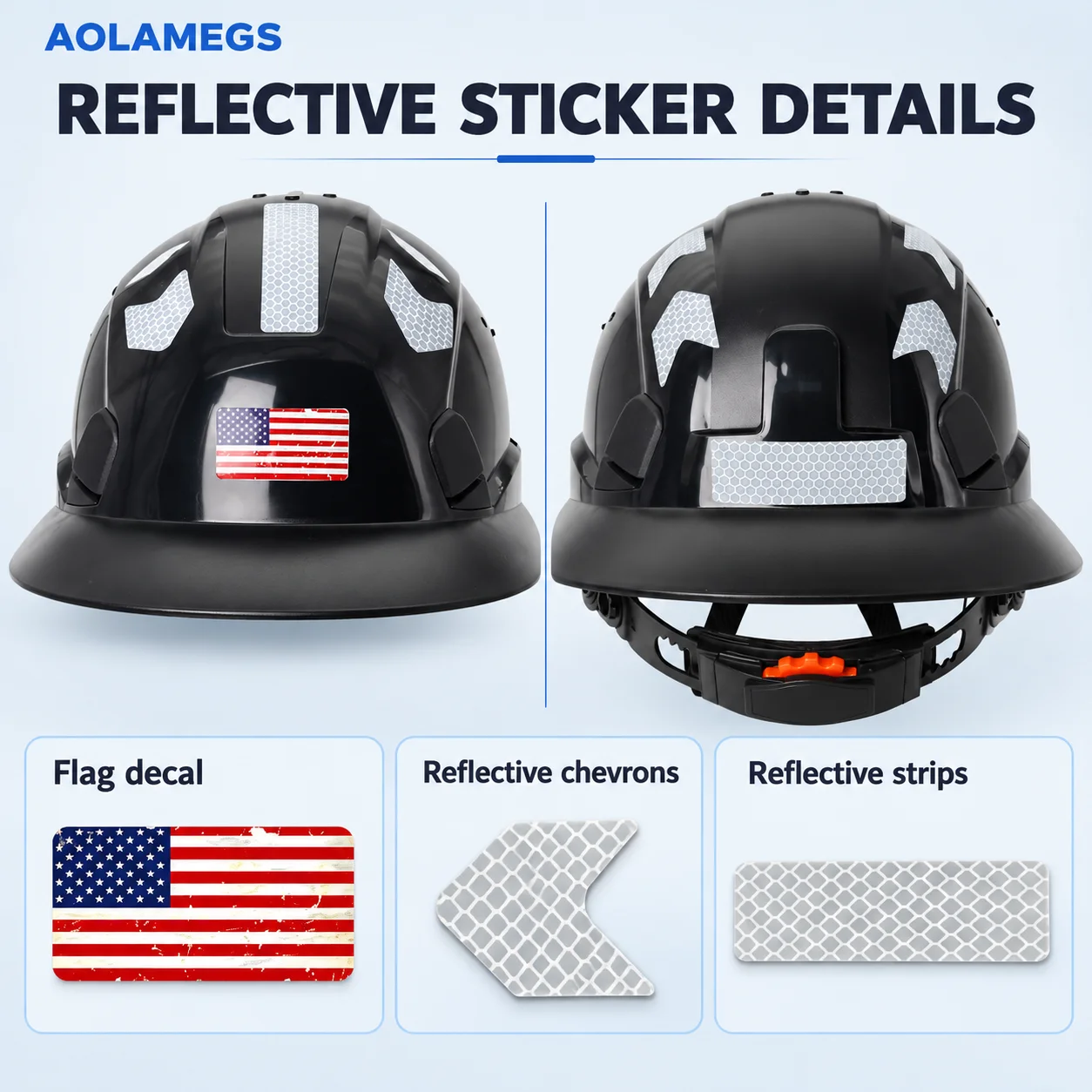 Aolamegs Full Brim Hard Hat Vented Safety Helmet with Reflective Stickers & US Flag for Construction Industrial Work ANSI Z89.1