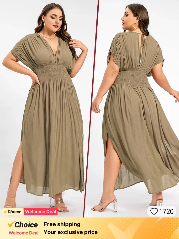 

2025 Summer plus size casual women's dress fashionable champagne V-neck chiffon dress sexy ball party evening dress for women