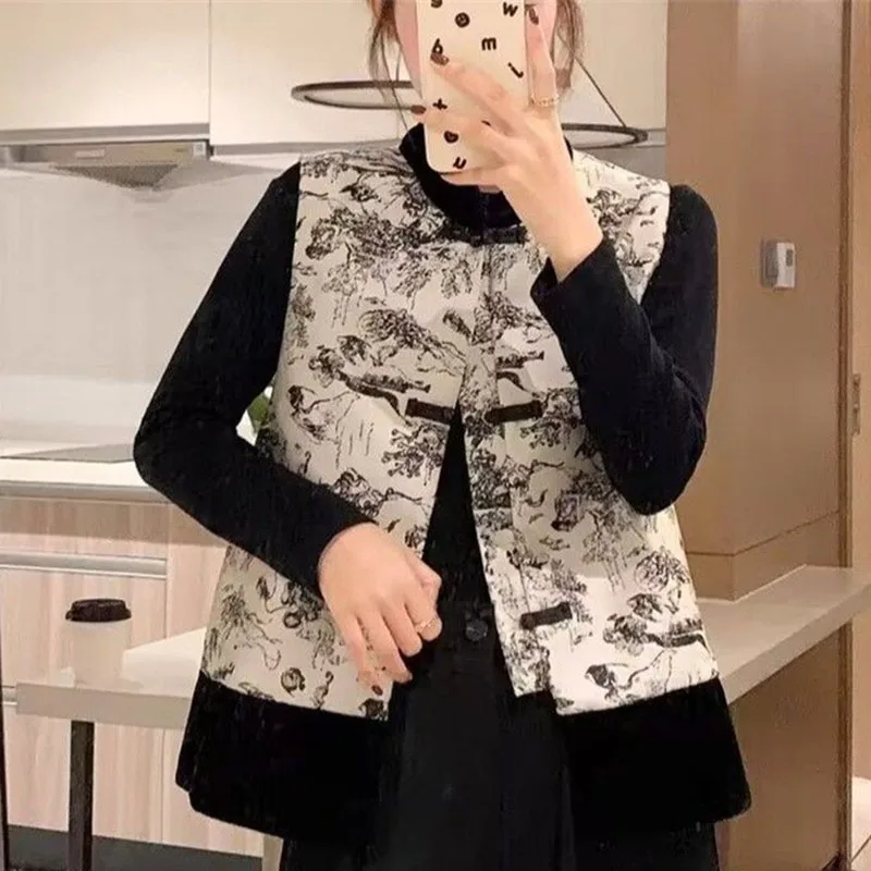 Women Light National Style Button Ink Costume Coat Spring Autumn Female Sleeveless Small Coat Ladies New Chinese Style Vest