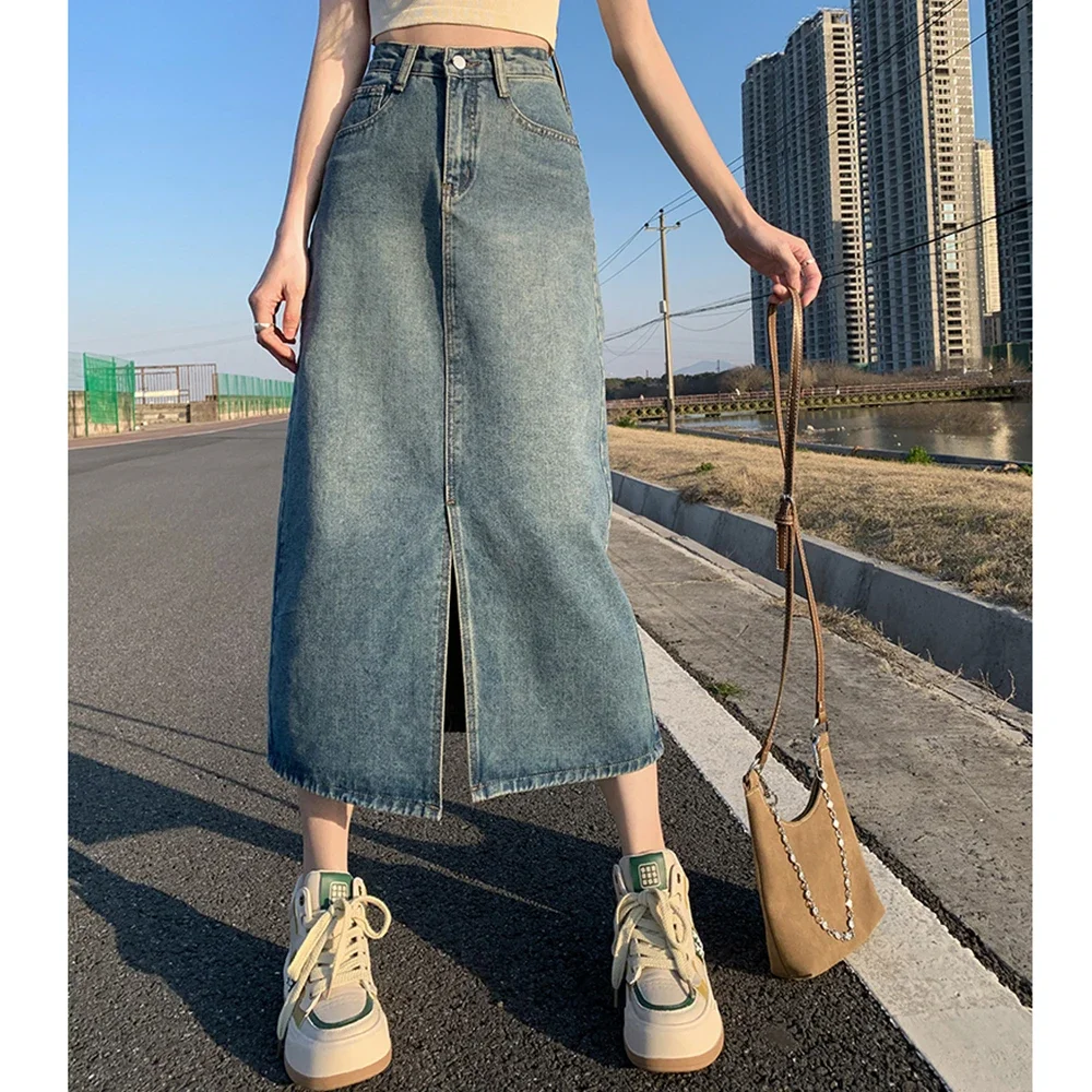 Summer Women High-waist A- line Skirt Pockets Front Slit Washed Blue Denim Skirts Hip-covering Straight Long Jeans Skirt