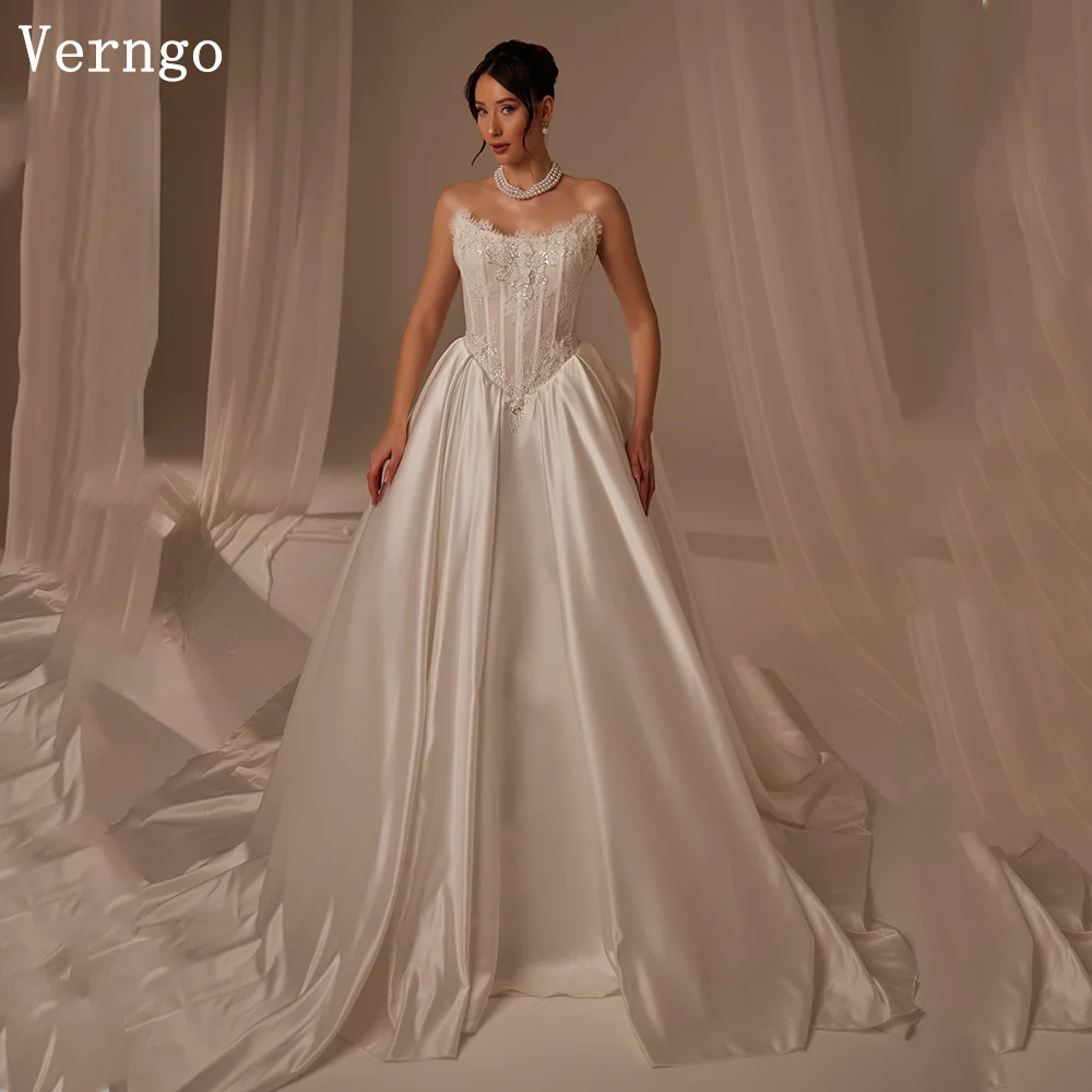 Verngo lvory Satin Appliques Wedding Dress Strapless Bone A Line Bridal Gowns Elegant Classy Pleat Bride Dresses Customized