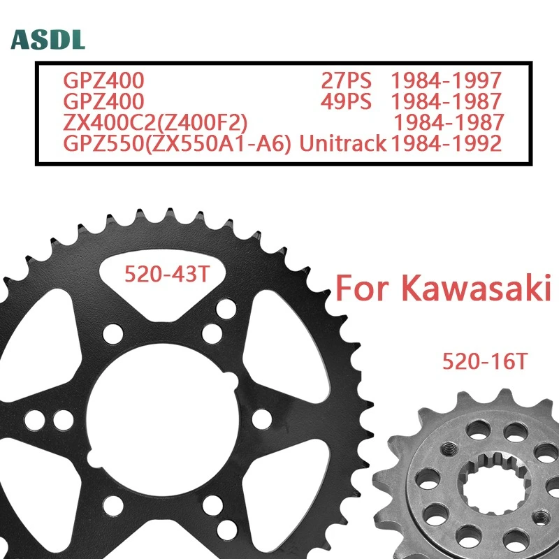 

520 43T 16T Front Rear Sprocket Gear Disc Wheel For Kawasaki GPZ400 27PS 49PS ZX400C2 Z400F2 84-97 GPZ550 ZX550 A1-A6 Unitrack