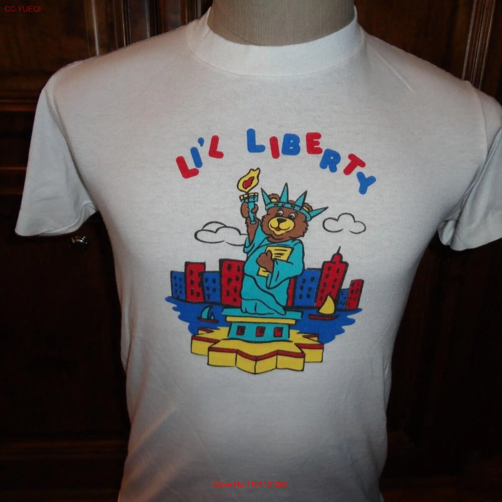 Vintage 90's Oneita White Lil Liberty Statue 50 T shirt Youth L 14 16 Nice long or short sleeves