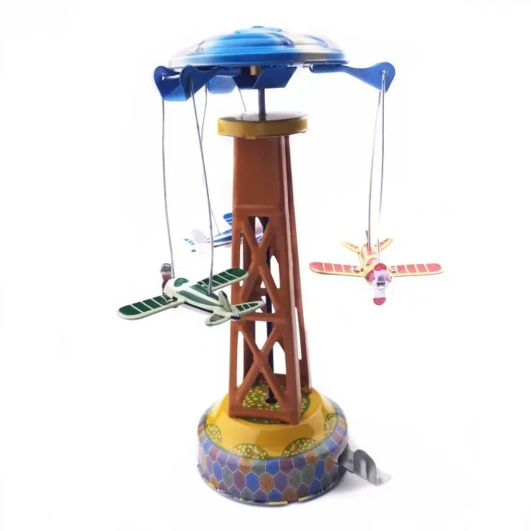 [Funny] Adult Collection Retro Wind up toy Metal Tin Amusement park Rotating plane Mechanical Clockwork toy figures kids gift