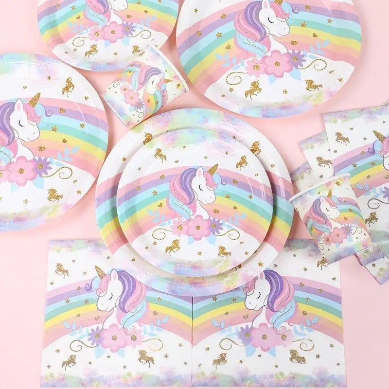 Unicorn Girl Birthday Decoration Set Cup Plate Unicorn Balloons Happy Banner Cake Topper Backdrop Supplies for Kids Party Favors view 4