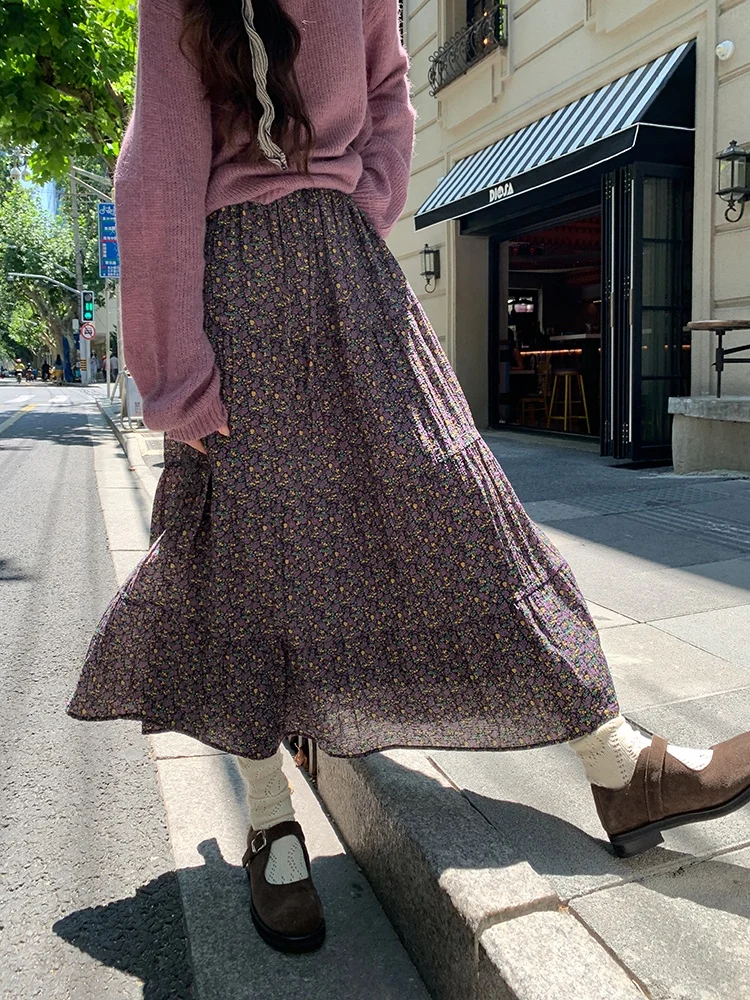 

Ретро-юбка миди с цветочным принтом и высокой талией, женская, весна 2026, новая повседневная юбка А-силуэта, элегантная, в стиле платья-миди