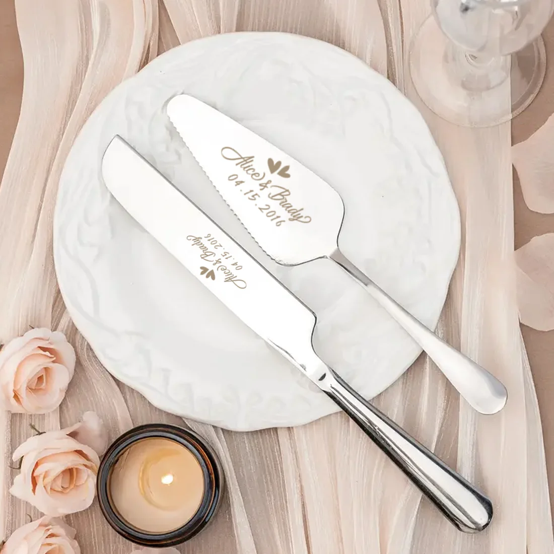 صندوق هدايا مكون من قطعتين من سكاكين الكيك المصنوعة من الفولاذ المقاوم للصدأ المنقوش حسب الطلب، مناسب لحفلات الزفاف وأعياد الميلاد وجميع أنواع الحفلات #5