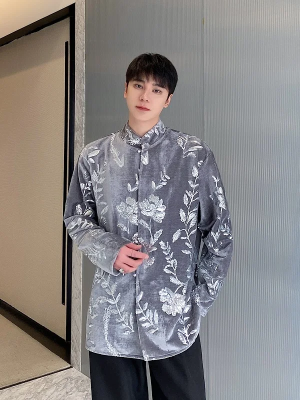 

Velvet Embroidered Sequin Stand Collar Long Sve Men's Casual irt Chinese Sle Loose Fit Leisure Trendy Autumn Wear