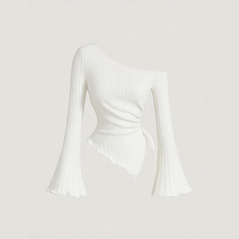 Autumn New White Simple Flared Sleeve Off-Shoulder Knitted Shirt Irregular Lace-up Knitted Shirt Elegant Women's T-shirt