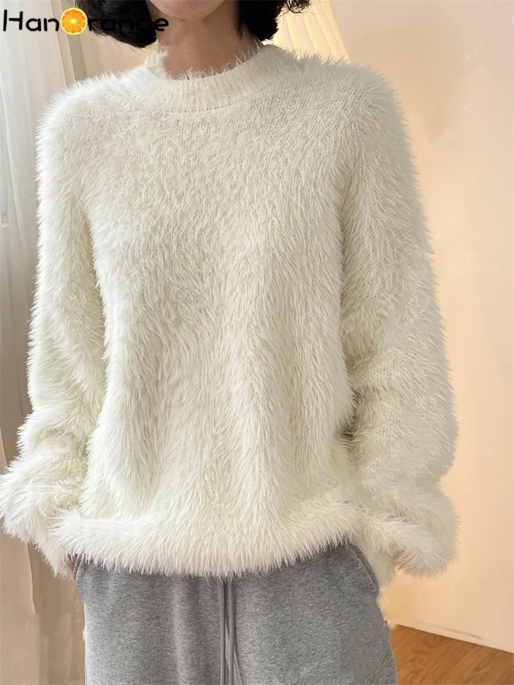 HanOrange 2024 Winter Gentle Plush Imitation Mink Sweater Women Loose Fluffy Warm Sweater White Pullover