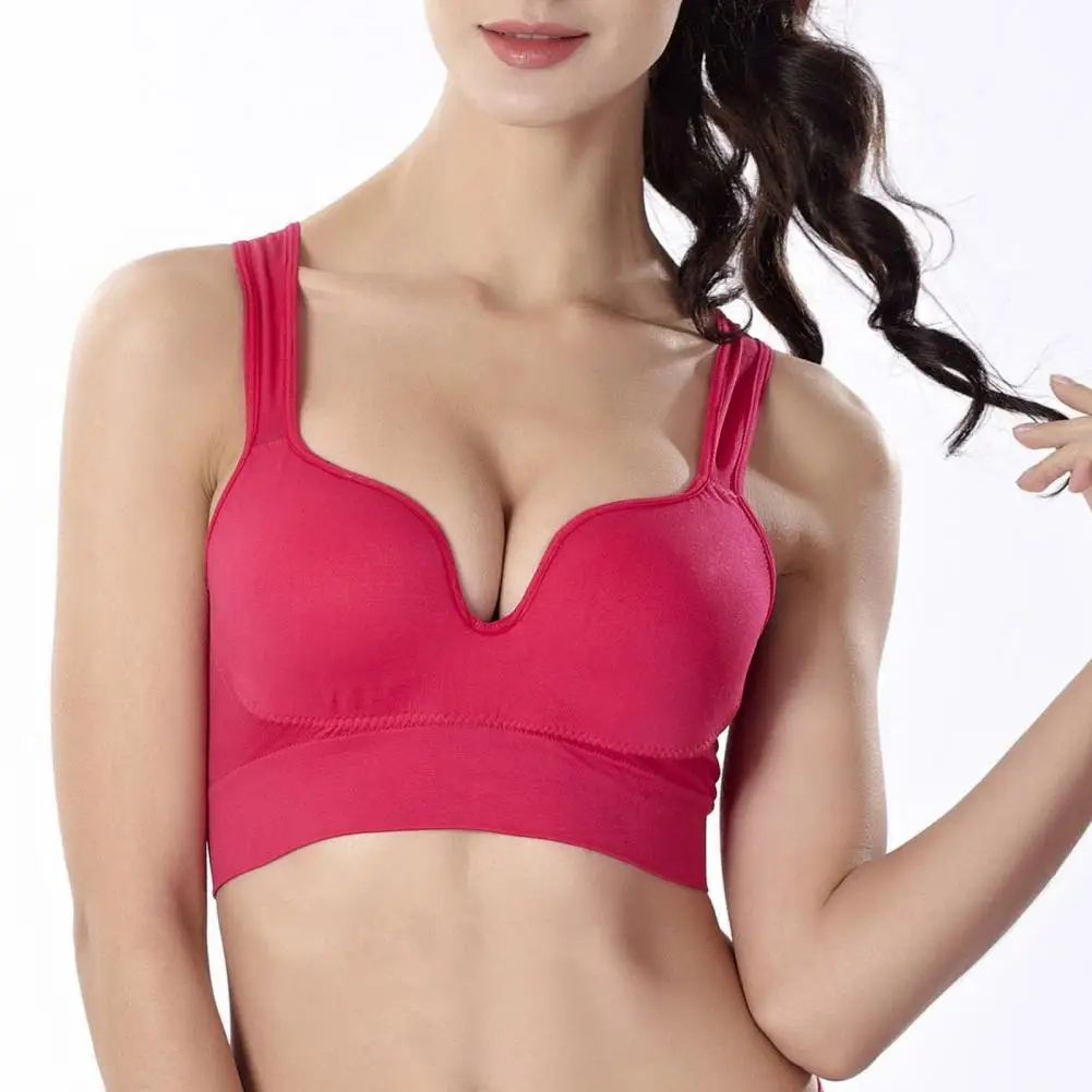 

Women Wide Shoulder Straps Sport Bra Solid Color Push Up U-Shaped Beauty Back Wireless Padded Wireless Sports Vest Brassiere